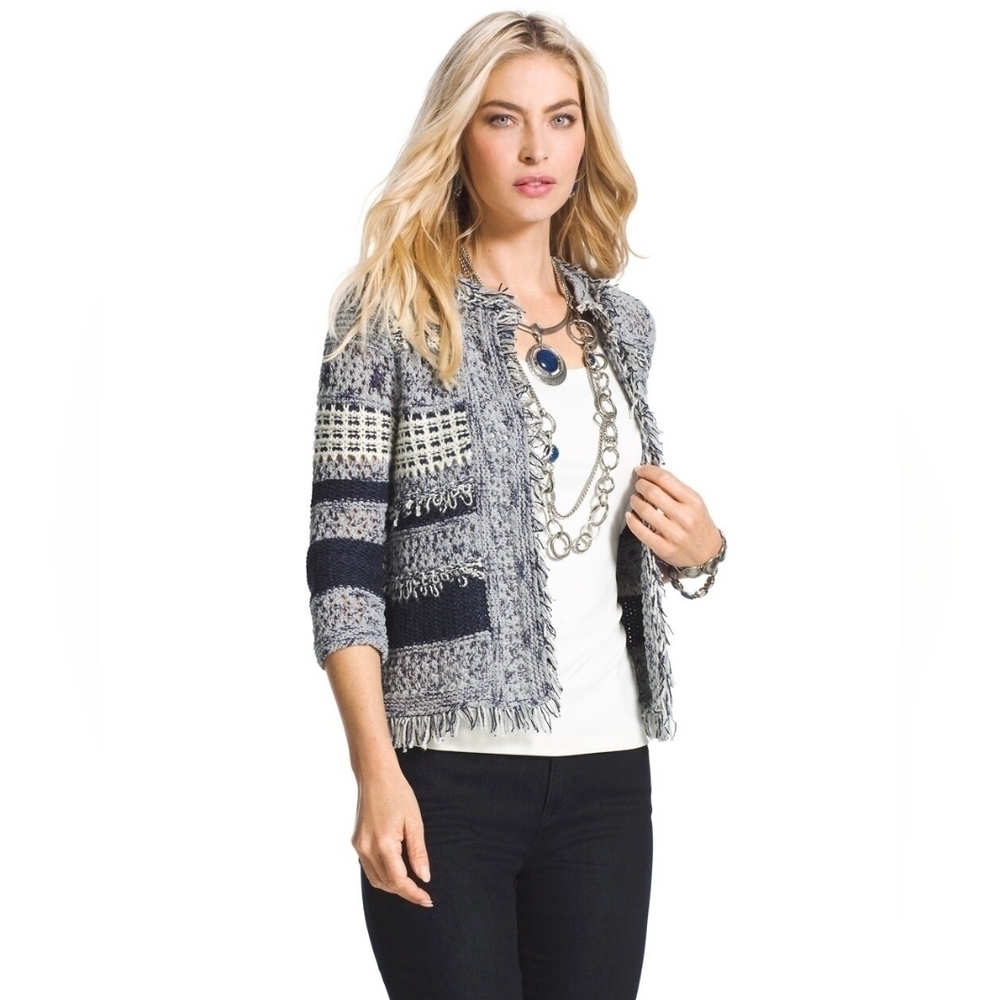 Chico’s Fringe lose Knit Textured Cotton Blend Open Cardigan S